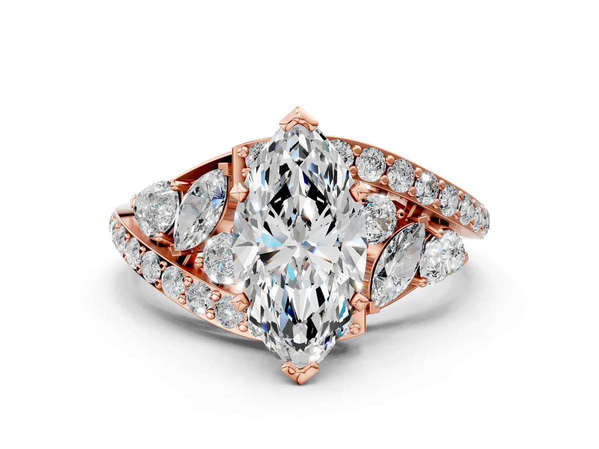 Rose gold Marquise Cut Diamond Halo Ring with Marquise and Pavé Band in Prong Setting