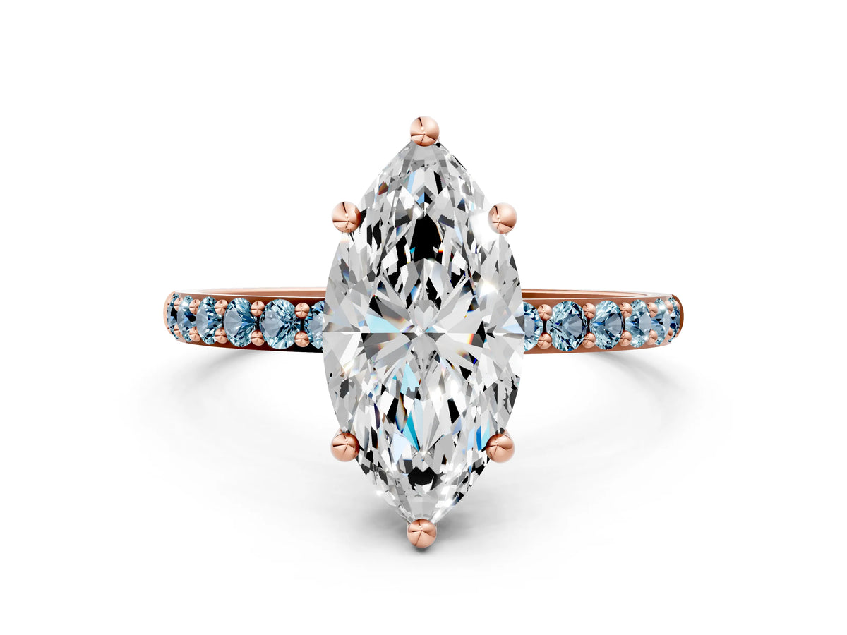 Rose gold Marquise Cut Diamond Solitaire Ring with Round Aquamarine Pavé Band and Prong Setting