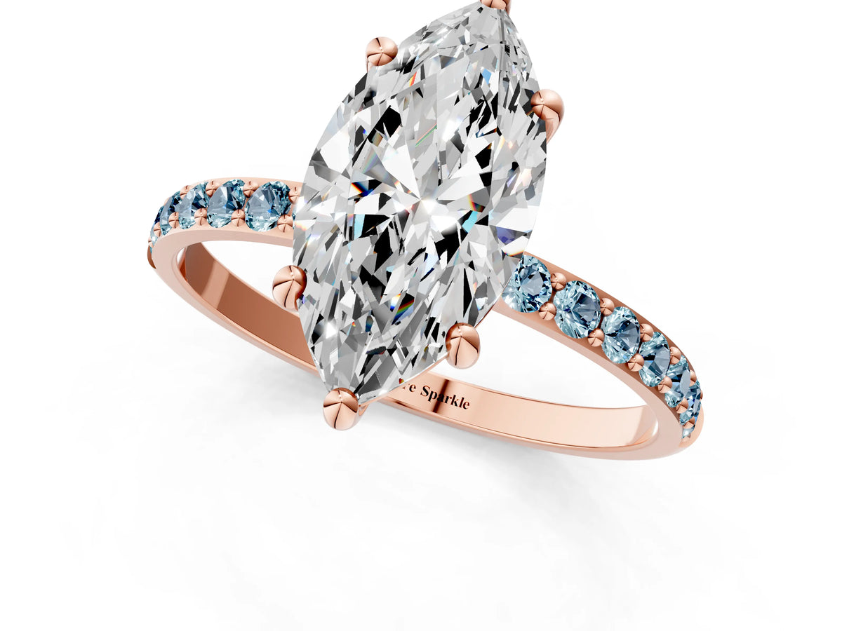 Rose gold Marquise Cut Diamond Solitaire Ring with Round Aquamarine Pavé Band and Prong Setting_1