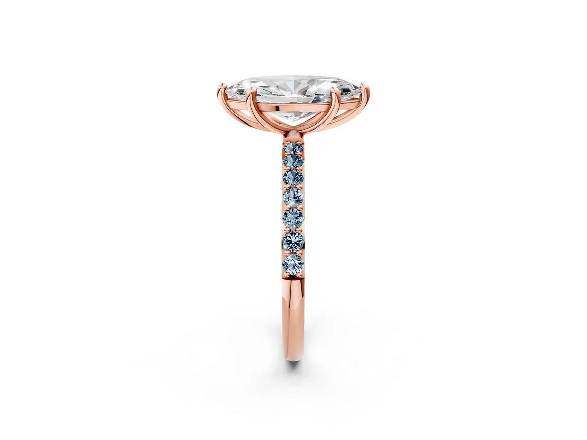Rose gold Marquise Cut Diamond Solitaire Ring with Round Aquamarine Pavé Band and Prong Setting_2