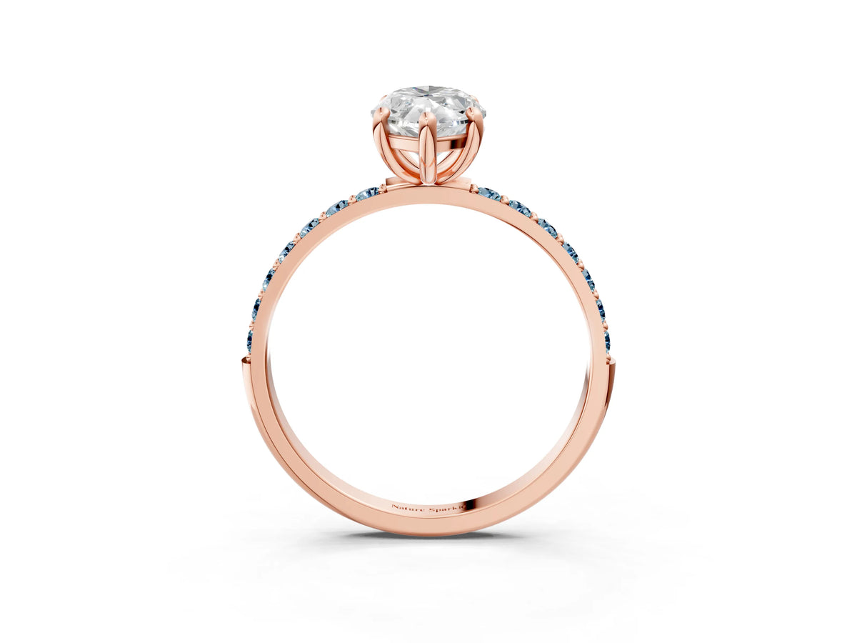 Rose gold Marquise Cut Diamond Solitaire Ring with Round Aquamarine Pavé Band and Prong Setting_3