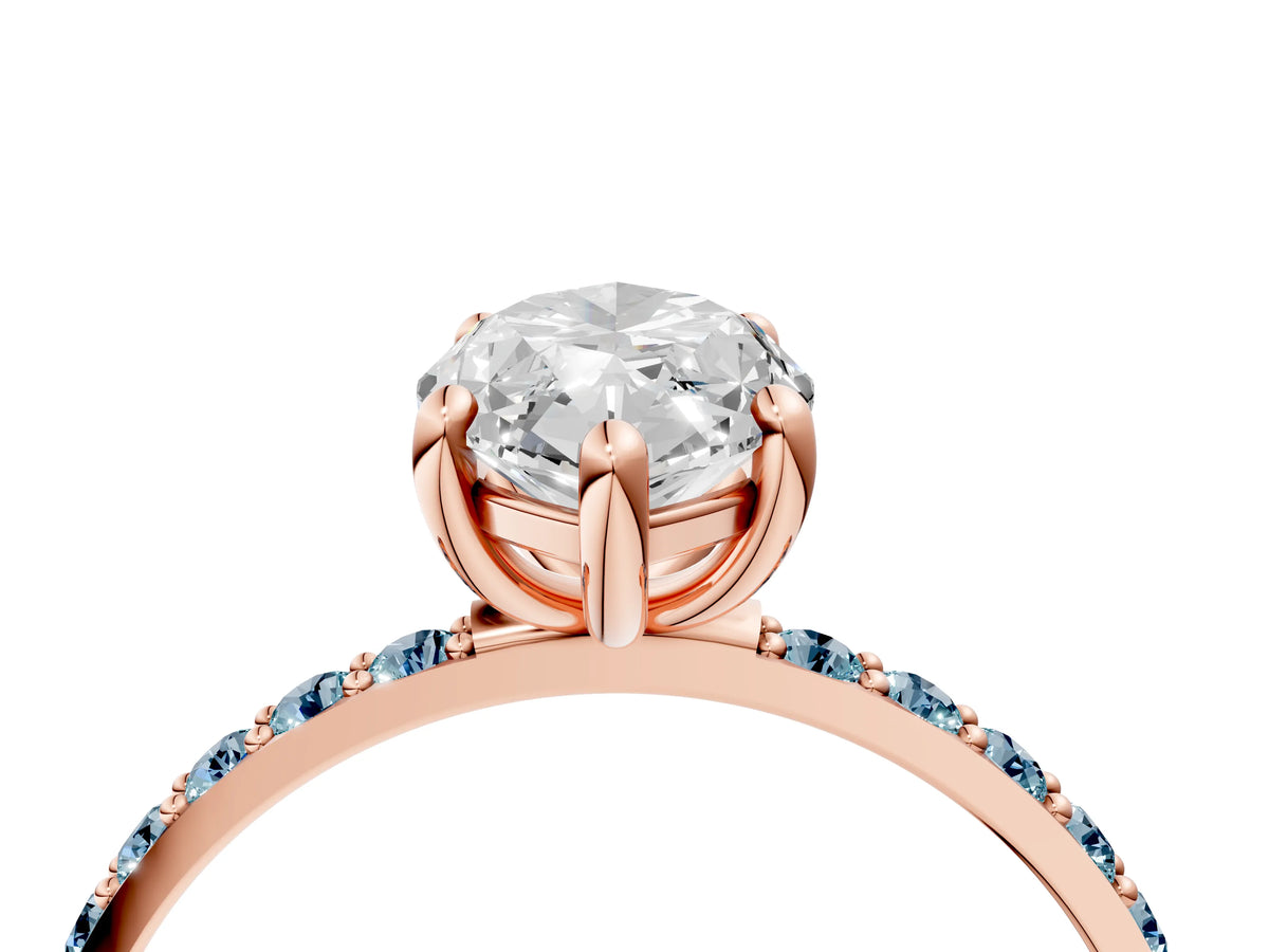 Rose gold Marquise Cut Diamond Solitaire Ring with Round Aquamarine Pavé Band and Prong Setting_4