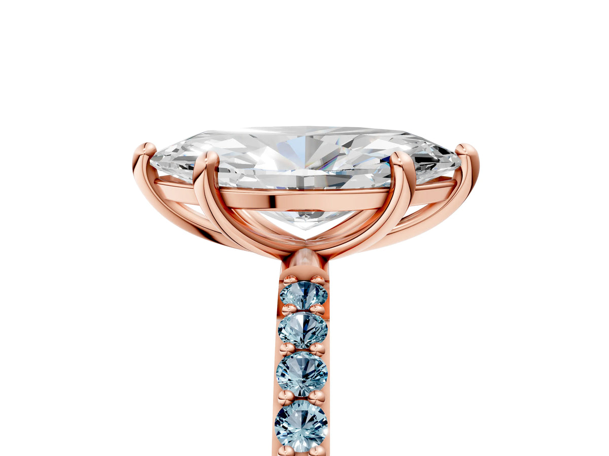 Rose gold Marquise Cut Diamond Solitaire Ring with Round Aquamarine Pavé Band and Prong Setting_5