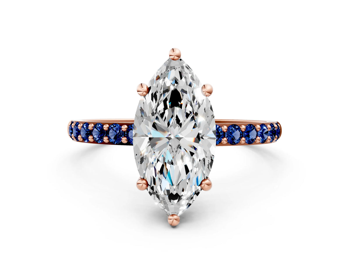 Rose gold Marquise Cut Diamond Solitaire Ring with Round Blue Sapphire Pavé Band and Prong Setting