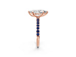 Rose gold Marquise Cut Diamond Solitaire Ring with Round Blue Sapphire Pavé Band and Prong Setting_2