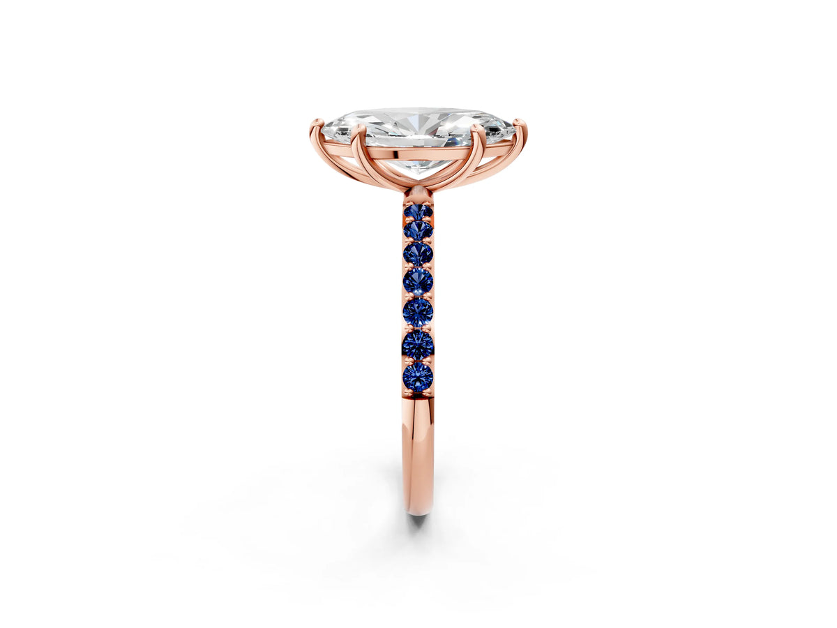 Rose gold Marquise Cut Diamond Solitaire Ring with Round Blue Sapphire Pavé Band and Prong Setting_2