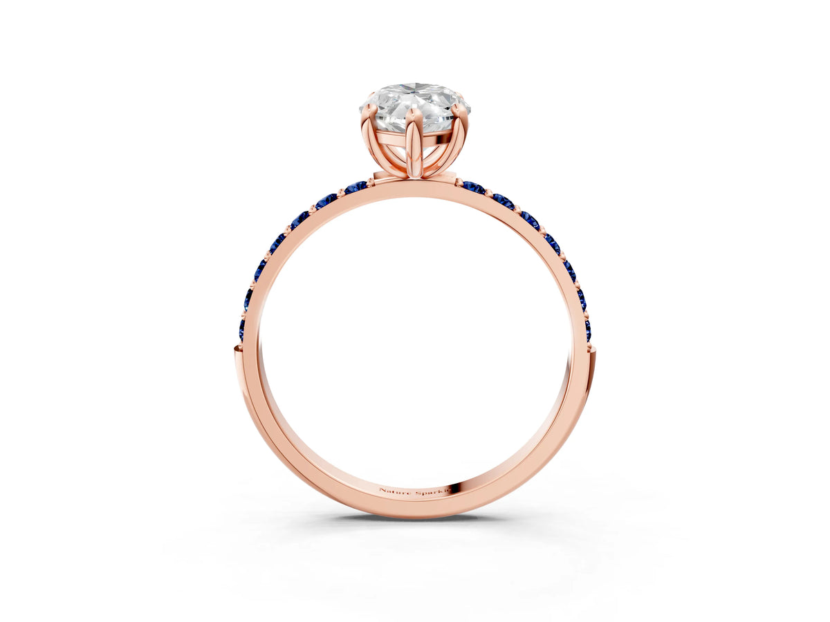 Rose gold Marquise Cut Diamond Solitaire Ring with Round Blue Sapphire Pavé Band and Prong Setting_3