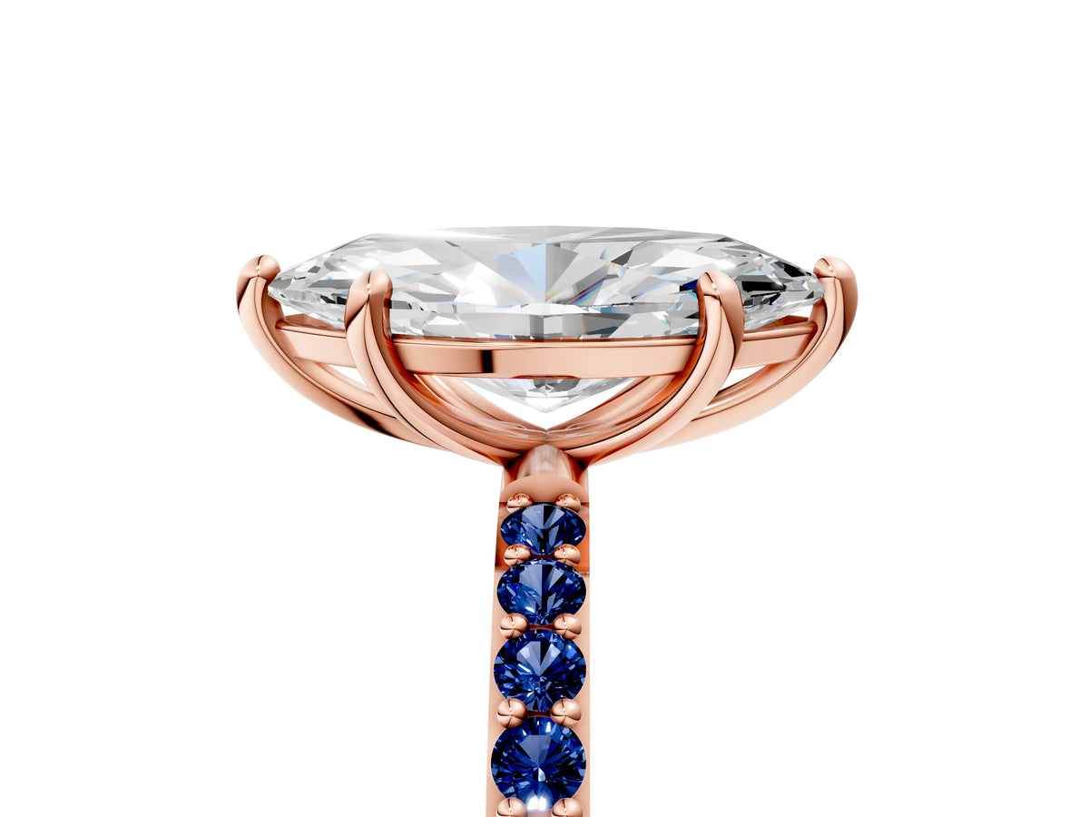 Rose gold Marquise Cut Diamond Solitaire Ring with Round Blue Sapphire Pavé Band and Prong Setting_5