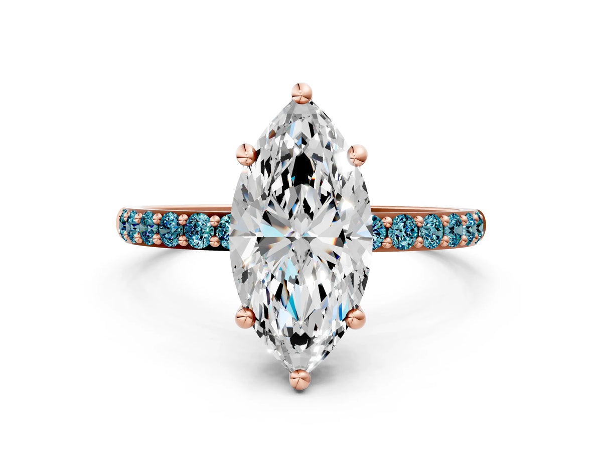 Rose gold Marquise Cut Diamond Solitaire Ring with Round Blue Topaz Pavé Band and Prong Setting