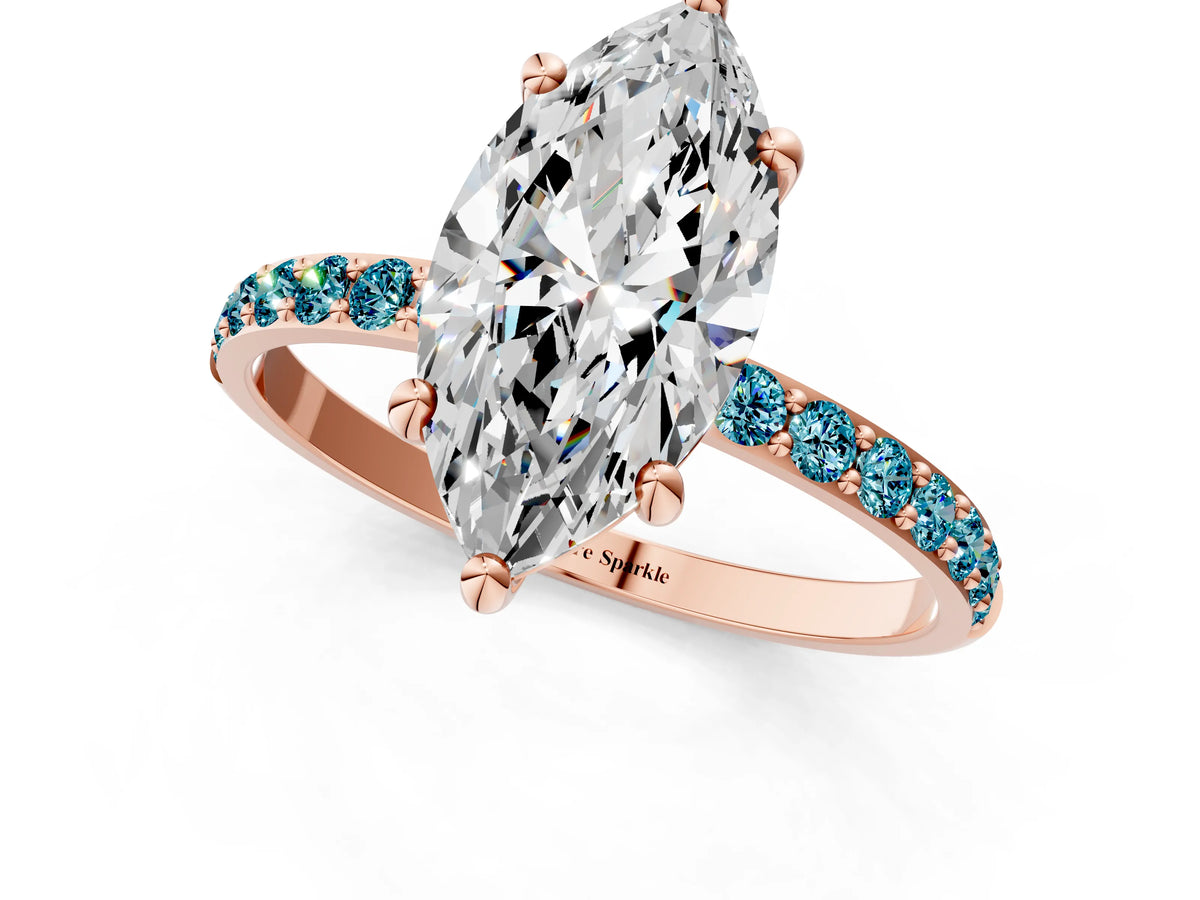 Rose gold Marquise Cut Diamond Solitaire Ring with Round Blue Topaz Pavé Band and Prong Setting_1