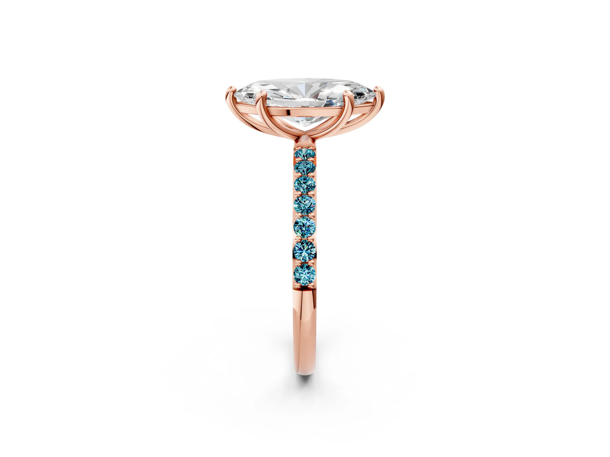 Rose gold Marquise Cut Diamond Solitaire Ring with Round Blue Topaz Pavé Band and Prong Setting_2