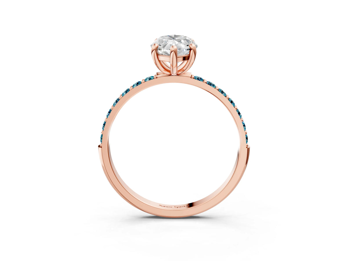 Rose gold Marquise Cut Diamond Solitaire Ring with Round Blue Topaz Pavé Band and Prong Setting_3