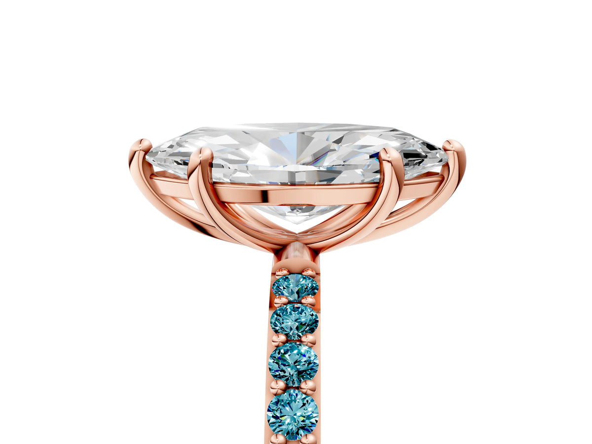 Rose gold Marquise Cut Diamond Solitaire Ring with Round Blue Topaz Pavé Band and Prong Setting_5