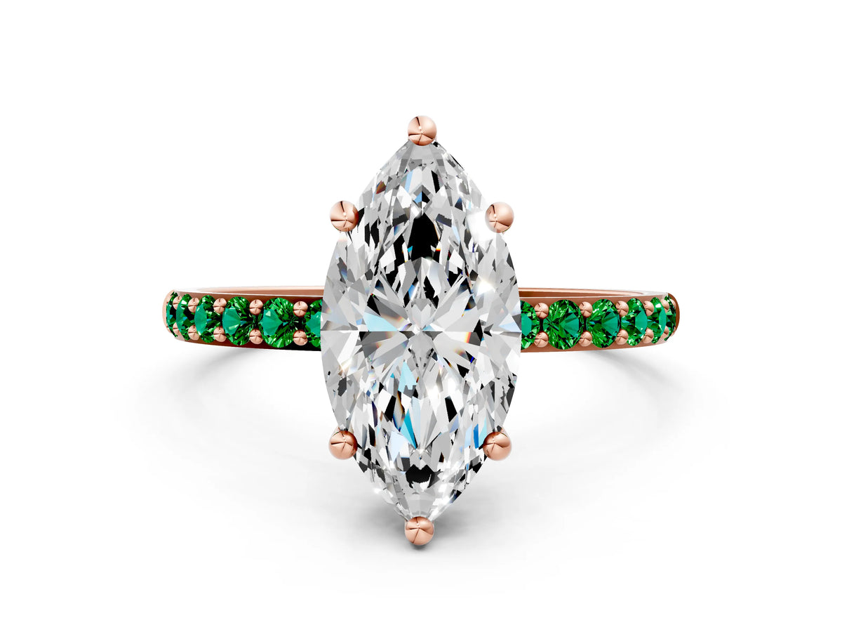 Rose gold Marquise Cut Diamond Solitaire Ring with Round Emerald Pavé Band and Prong Setting
