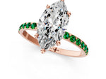 Rose gold Marquise Cut Diamond Solitaire Ring with Round Emerald Pavé Band and Prong Setting_1