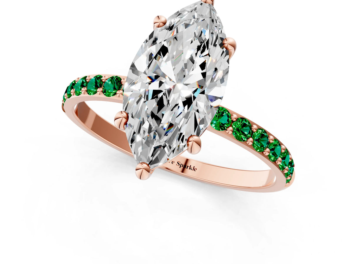 Rose gold Marquise Cut Diamond Solitaire Ring with Round Emerald Pavé Band and Prong Setting_1