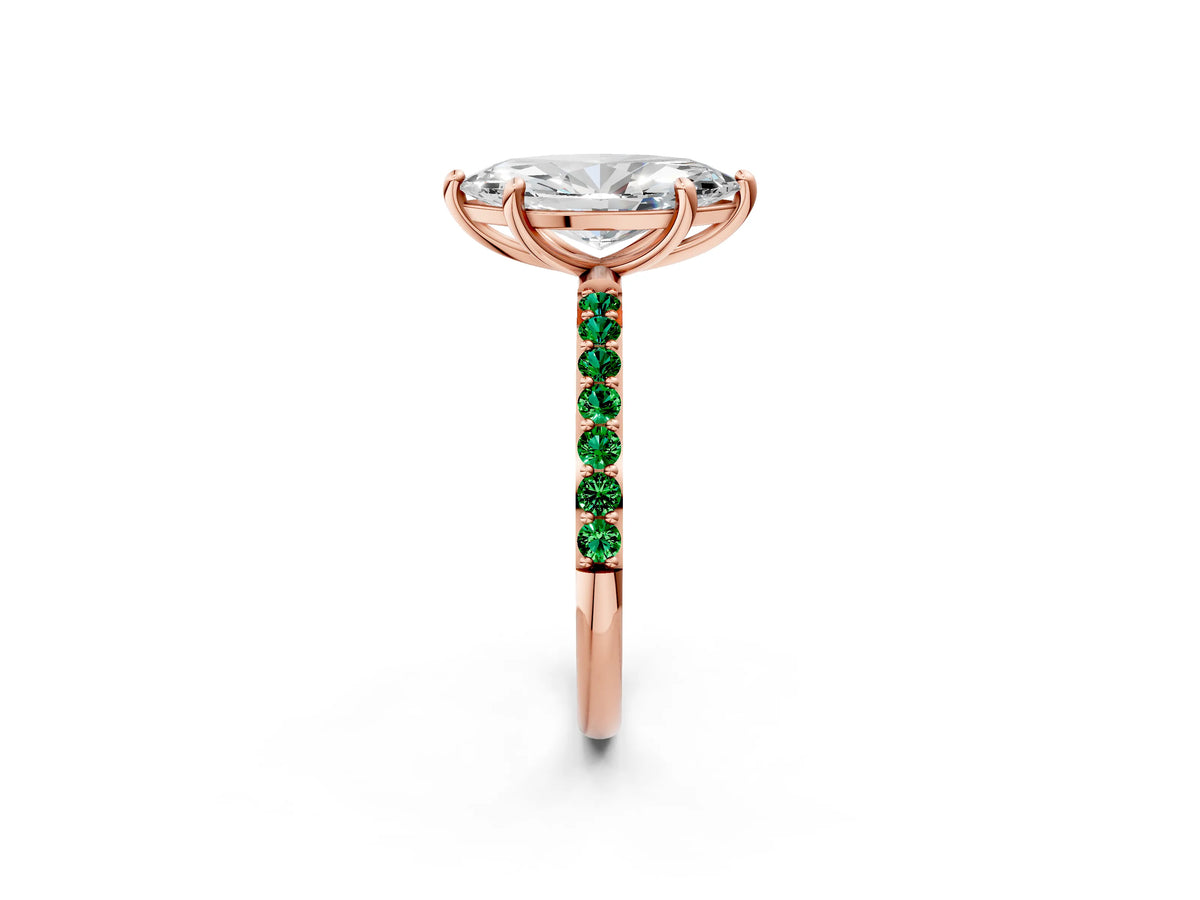 Rose gold Marquise Cut Diamond Solitaire Ring with Round Emerald Pavé Band and Prong Setting_2