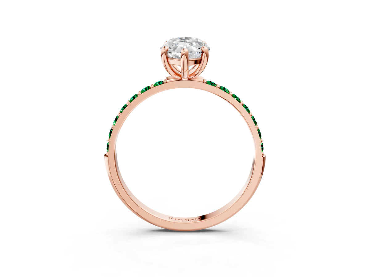 Rose gold Marquise Cut Diamond Solitaire Ring with Round Emerald Pavé Band and Prong Setting_3