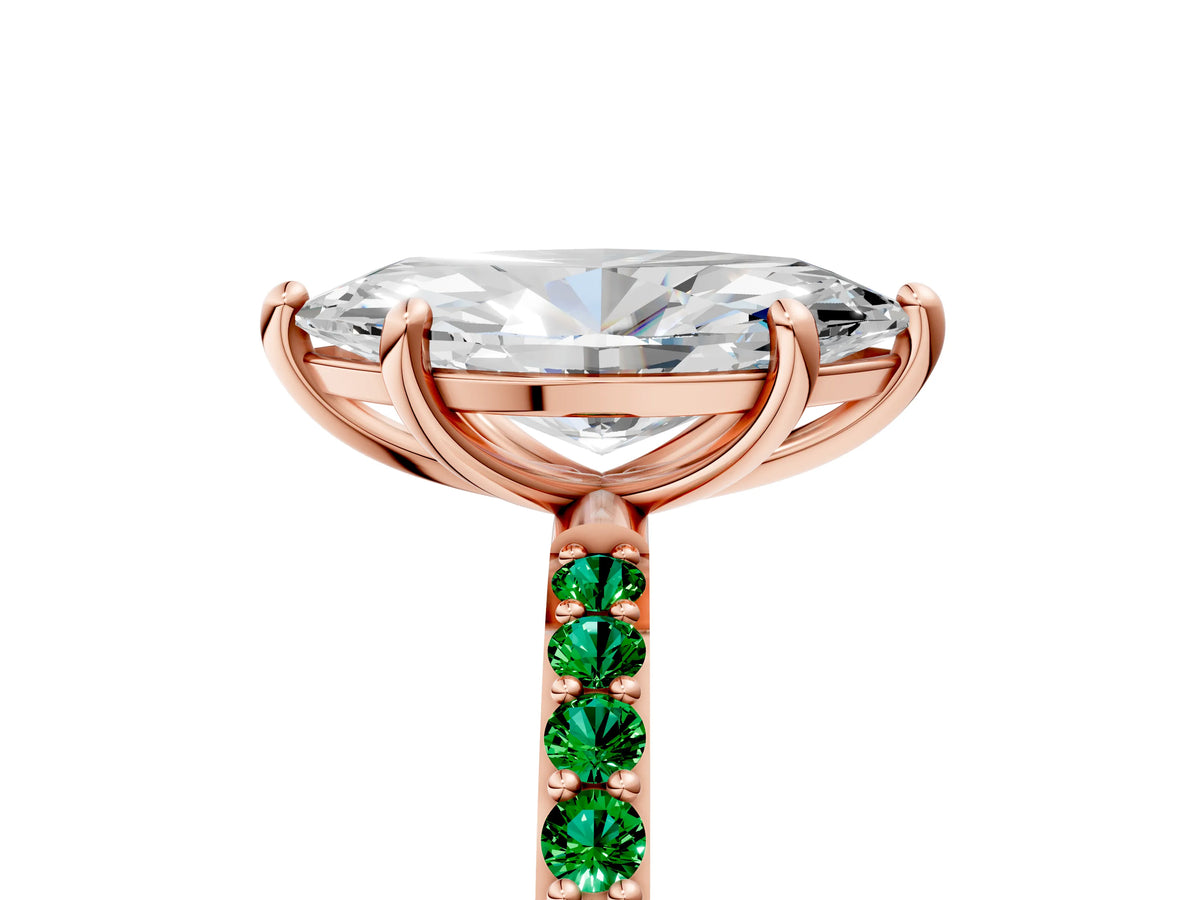 Rose gold Marquise Cut Diamond Solitaire Ring with Round Emerald Pavé Band and Prong Setting_5