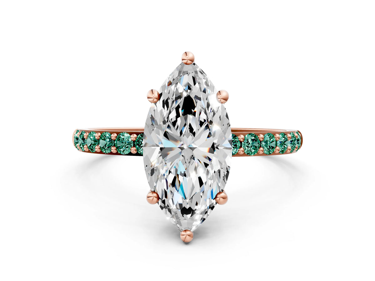 Rose gold Marquise Cut Diamond Solitaire Ring with Round Green Sapphire Pavé Band and Prong Setting