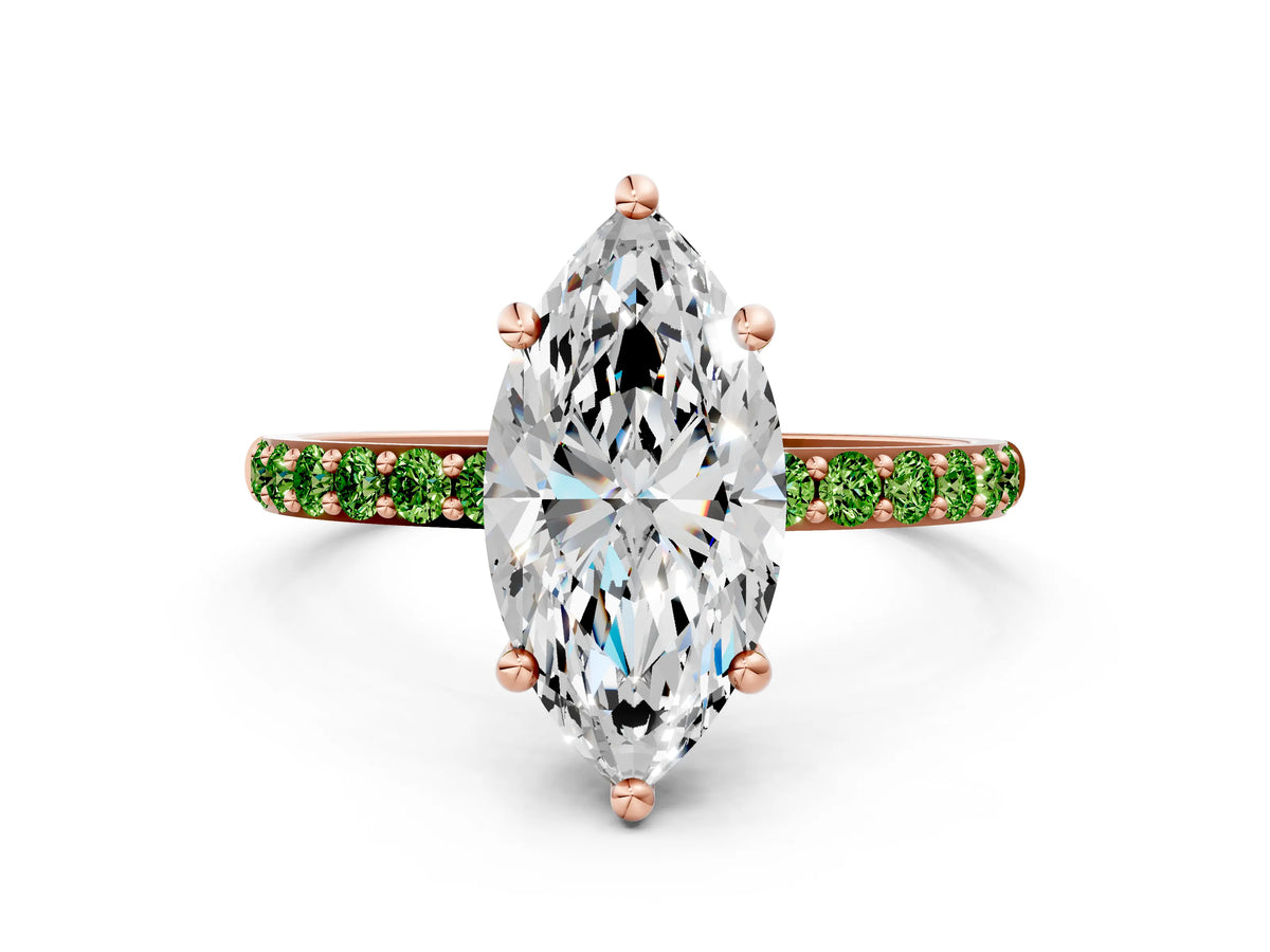 Rose gold Marquise Cut Diamond Solitaire Ring with Round Peridot Pavé Band and Prong Setting
