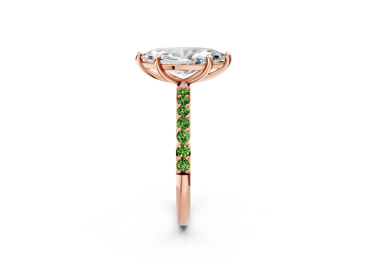 Rose gold Marquise Cut Diamond Solitaire Ring with Round Peridot Pavé Band and Prong Setting_2