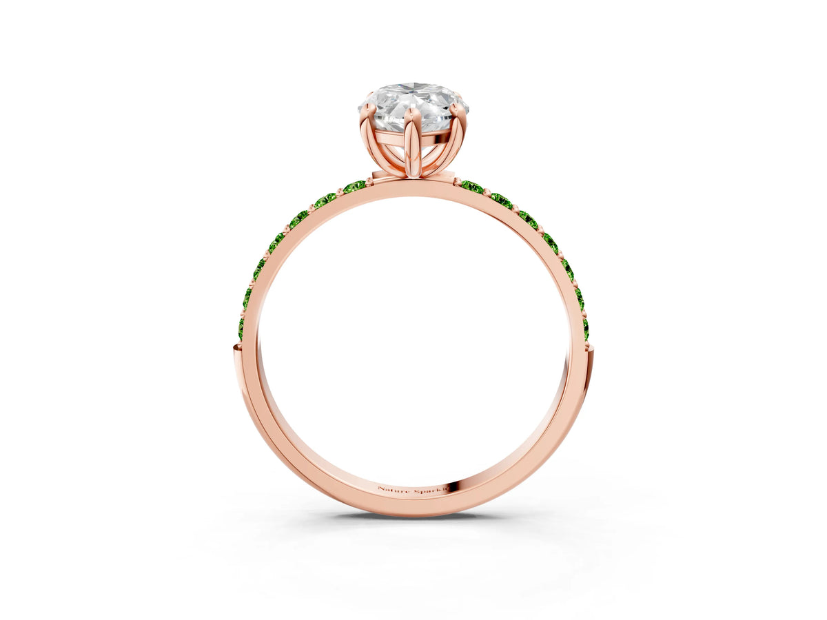 Rose gold Marquise Cut Diamond Solitaire Ring with Round Peridot Pavé Band and Prong Setting_3