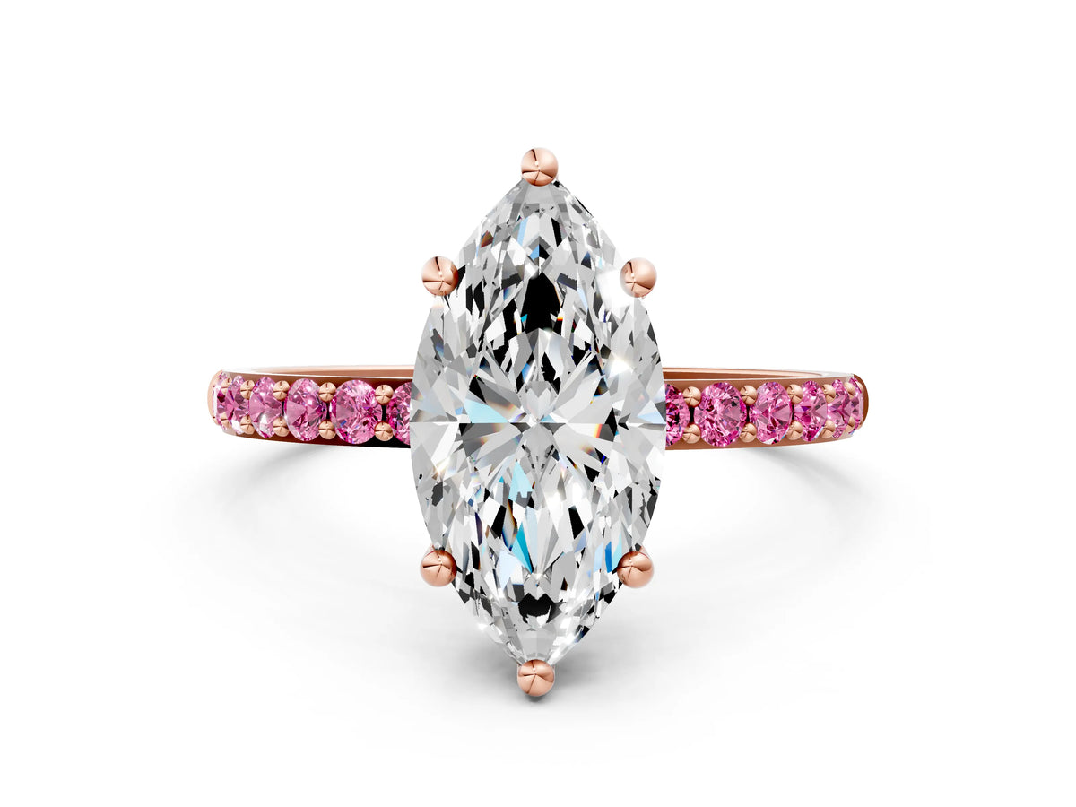 Rose gold Marquise Cut Diamond Solitaire Ring with Round Pink Sapphire Pavé Band and Prong Setting