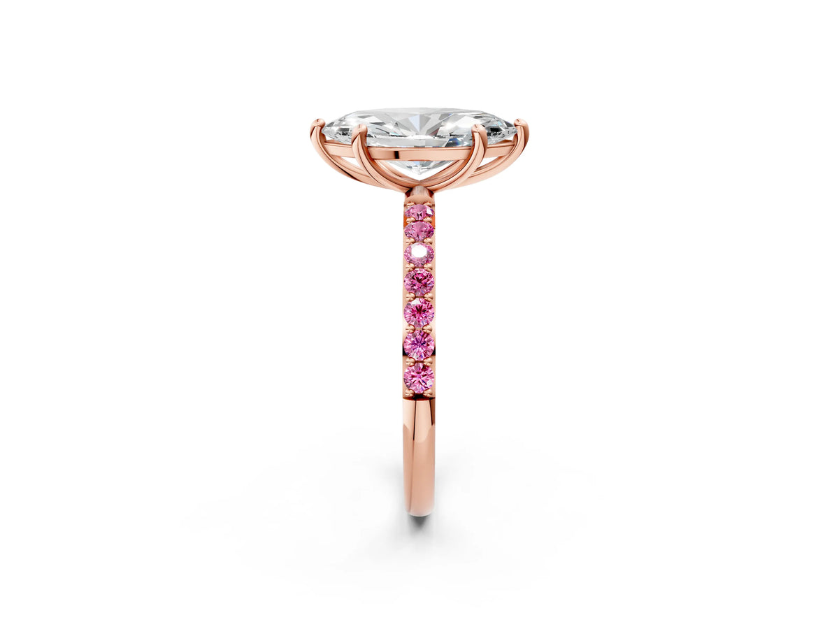 Rose gold Marquise Cut Diamond Solitaire Ring with Round Pink Sapphire Pavé Band and Prong Setting_2