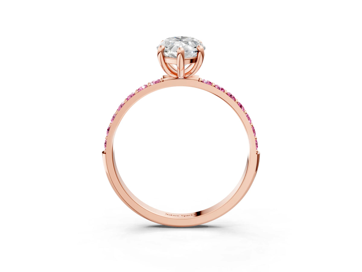 Rose gold Marquise Cut Diamond Solitaire Ring with Round Pink Sapphire Pavé Band and Prong Setting_3