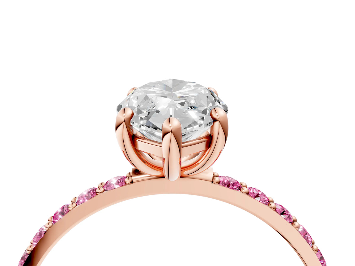 Rose gold Marquise Cut Diamond Solitaire Ring with Round Pink Sapphire Pavé Band and Prong Setting_4