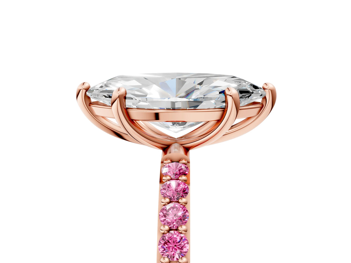 Rose gold Marquise Cut Diamond Solitaire Ring with Round Pink Sapphire Pavé Band and Prong Setting_5