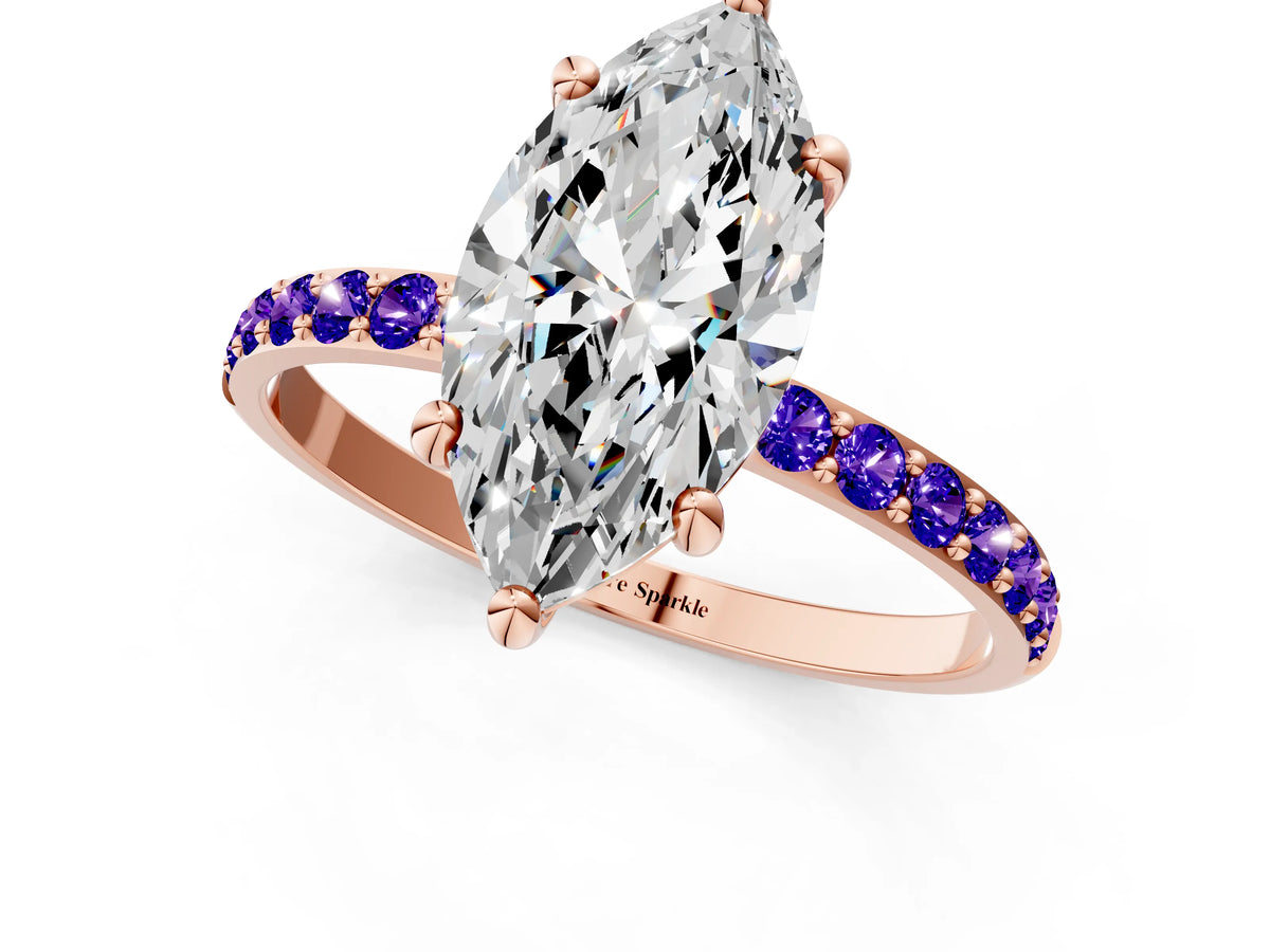 Rose gold Marquise Cut Diamond Solitaire Ring with Round Tanzanite Pavé Band and Prong Setting_1