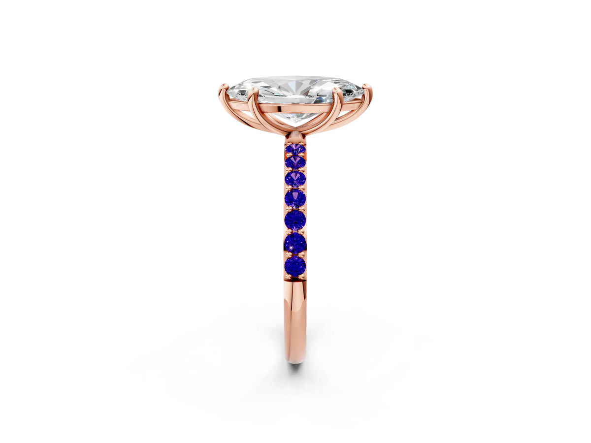 Rose gold Marquise Cut Diamond Solitaire Ring with Round Tanzanite Pavé Band and Prong Setting_2