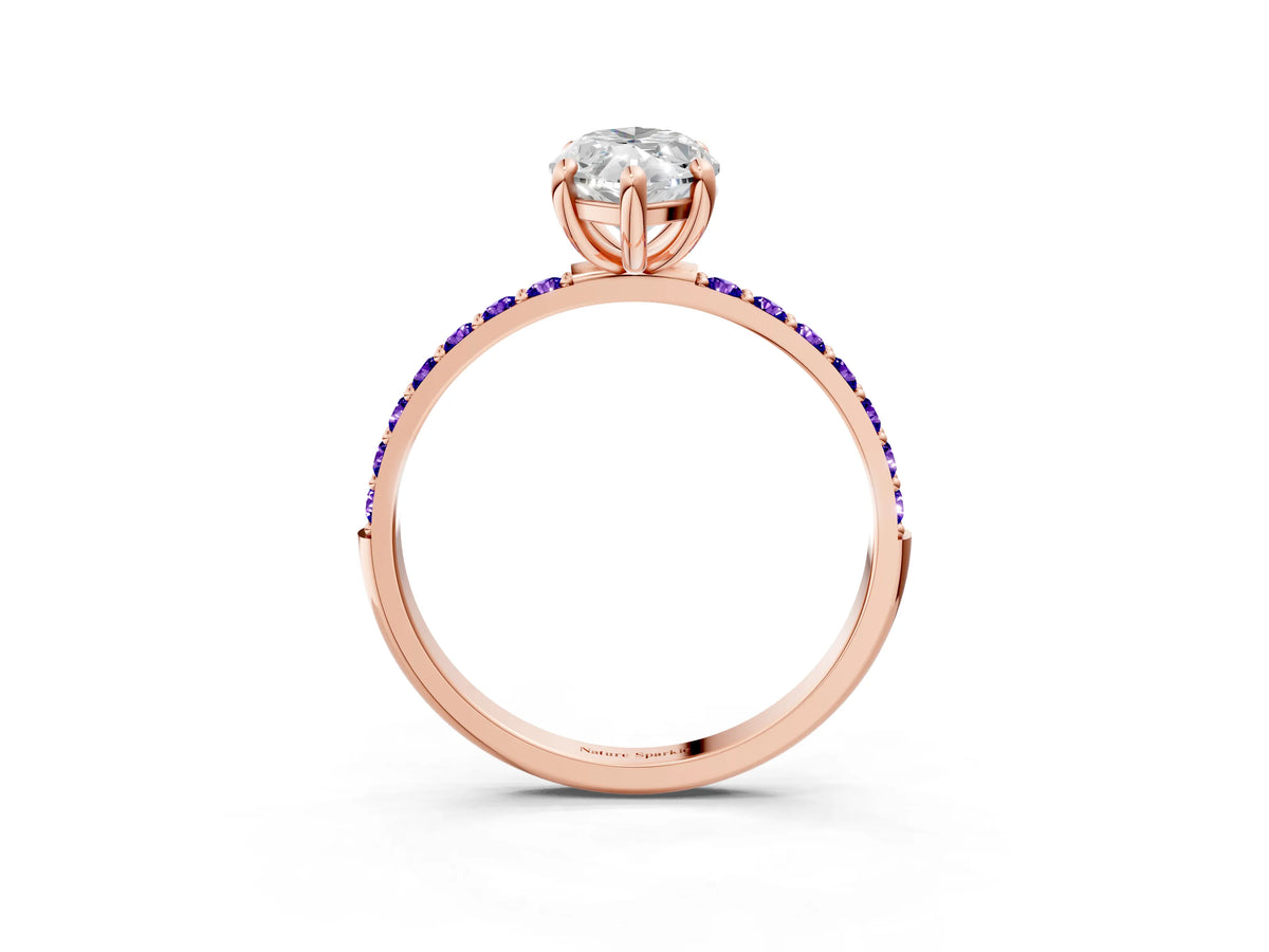 Rose gold Marquise Cut Diamond Solitaire Ring with Round Tanzanite Pavé Band and Prong Setting_3