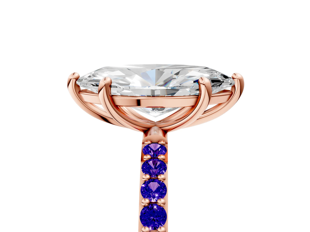 Rose gold Marquise Cut Diamond Solitaire Ring with Round Tanzanite Pavé Band and Prong Setting_5