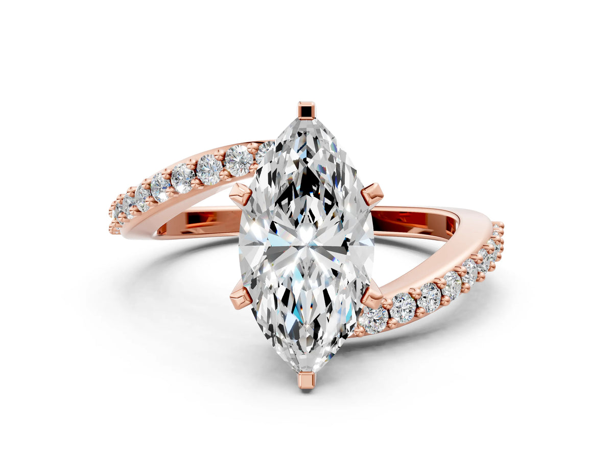 Rose gold Marquise Cut Solitaire Twist Band with Pave Set Diamonds and Four-Prong Setting