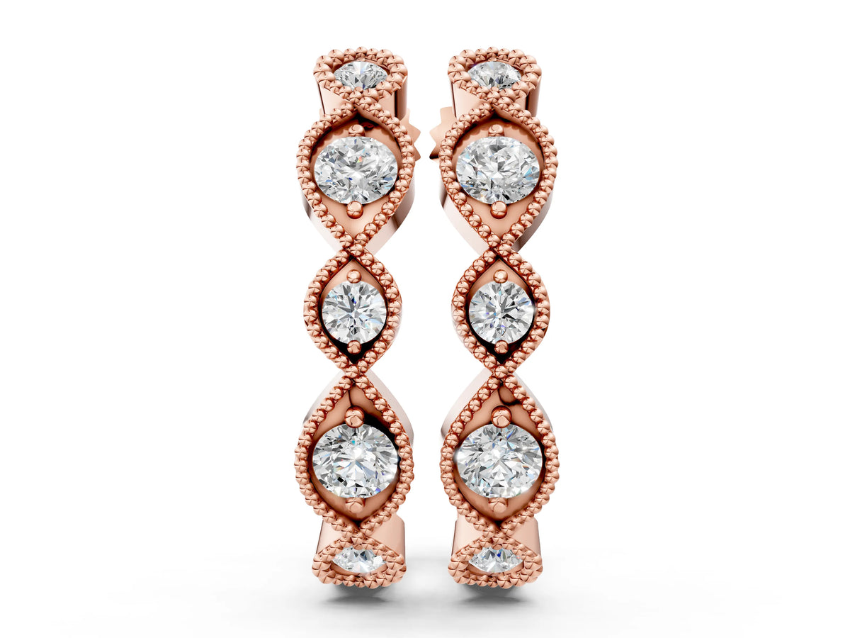 Rose gold Milgrain Marquise Diamond Hoop Earrings with Bezel Setting
