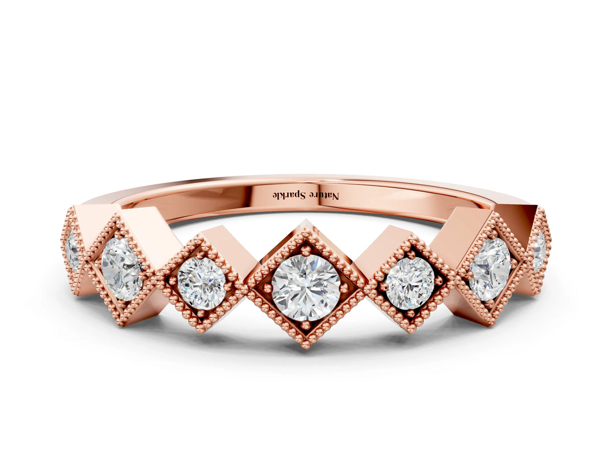 Rose gold Milgrain Square Bezel Round Diamond Chevron Band