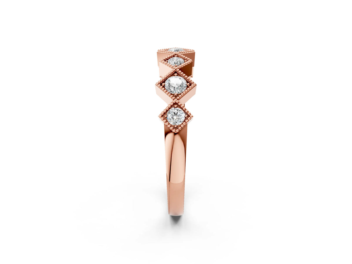 Rose gold Milgrain Square Bezel Round Diamond Chevron Band_2
