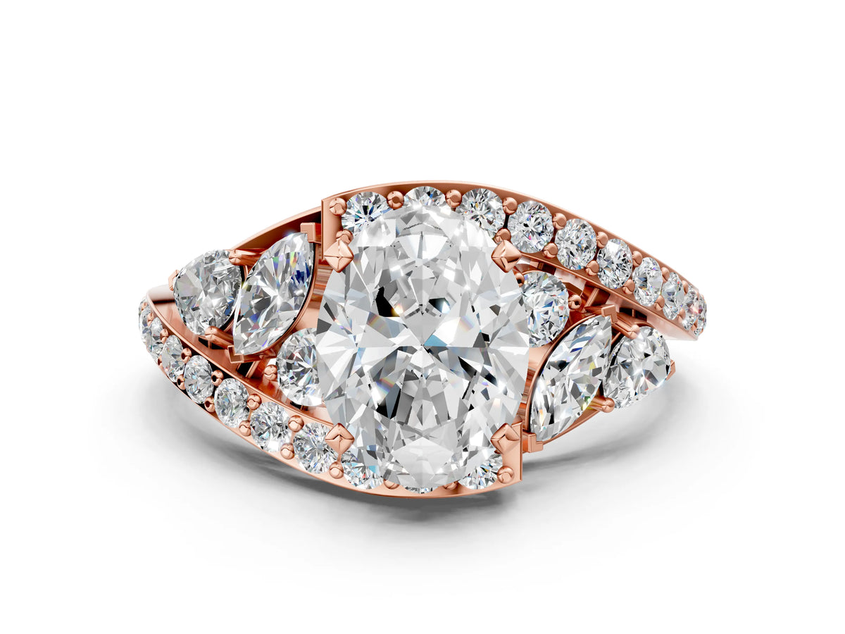 Rose gold Oval Cut Diamond Halo Ring with Marquise and Pavé Band in Prong Setting
