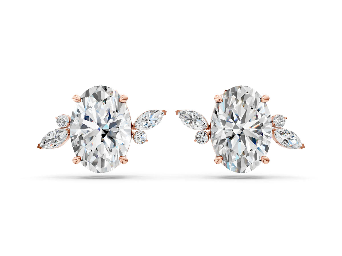 Rose gold Oval Cut Diamond Nature-Inspired Stud Earrings with Marquise and Round Accents
