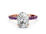 Rose gold Oval Cut Diamond Solitaire Ring with Round Amethyst Pavé Band and Prong Setting