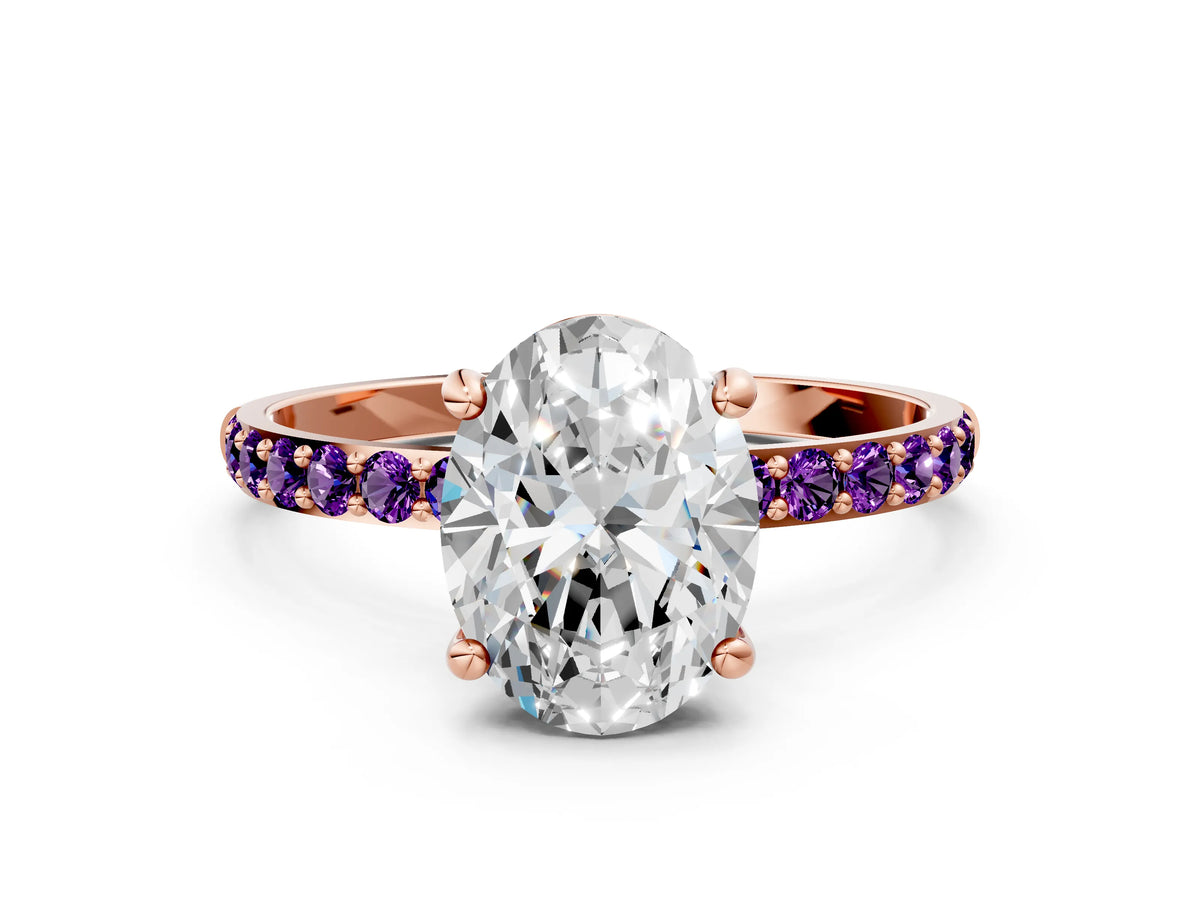 Rose gold Oval Cut Diamond Solitaire Ring with Round Amethyst Pavé Band and Prong Setting
