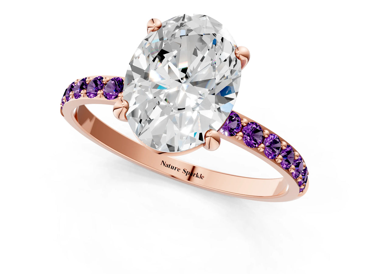 Rose gold Oval Cut Diamond Solitaire Ring with Round Amethyst Pavé Band and Prong Setting_1
