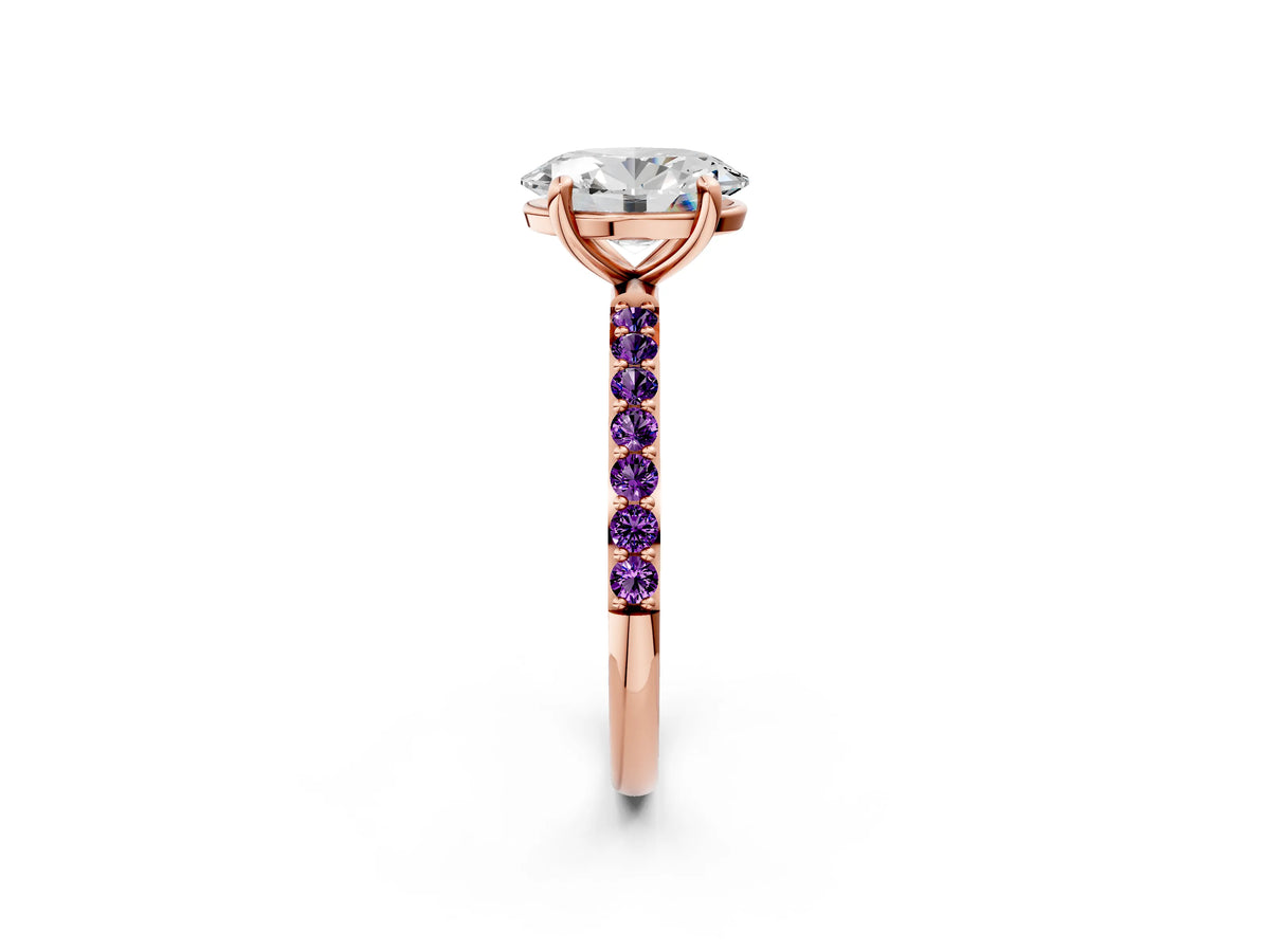 Rose gold Oval Cut Diamond Solitaire Ring with Round Amethyst Pavé Band and Prong Setting_2