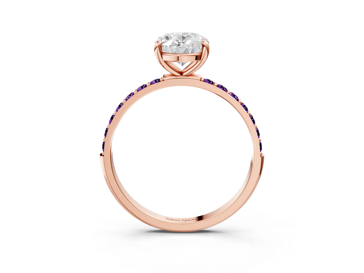 Rose gold Oval Cut Diamond Solitaire Ring with Round Amethyst Pavé Band and Prong Setting_3