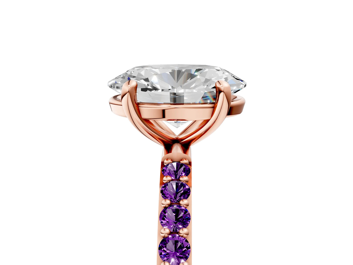 Rose gold Oval Cut Diamond Solitaire Ring with Round Amethyst Pavé Band and Prong Setting_5
