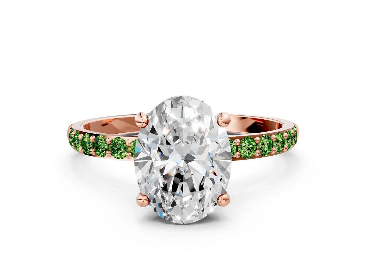 Rose gold Oval Cut Diamond Solitaire Ring with Round Peridot Pavé Band and Prong Setting