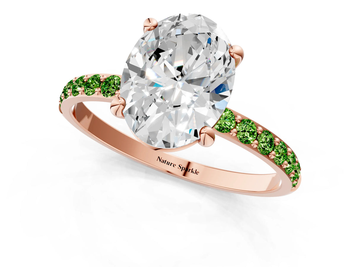Rose gold Oval Cut Diamond Solitaire Ring with Round Peridot Pavé Band and Prong Setting_1